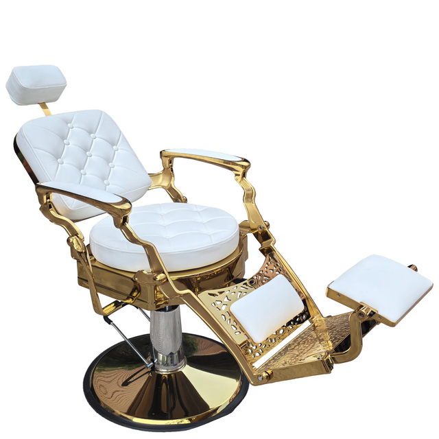 White PU Leather Barber Chair with Gold Metal Frame, Reclining Salon Chair for Barbers