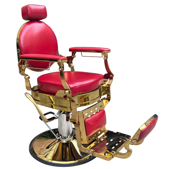 Red PU Leather Barber Chair with Gold Frame for Salon & Barbershop