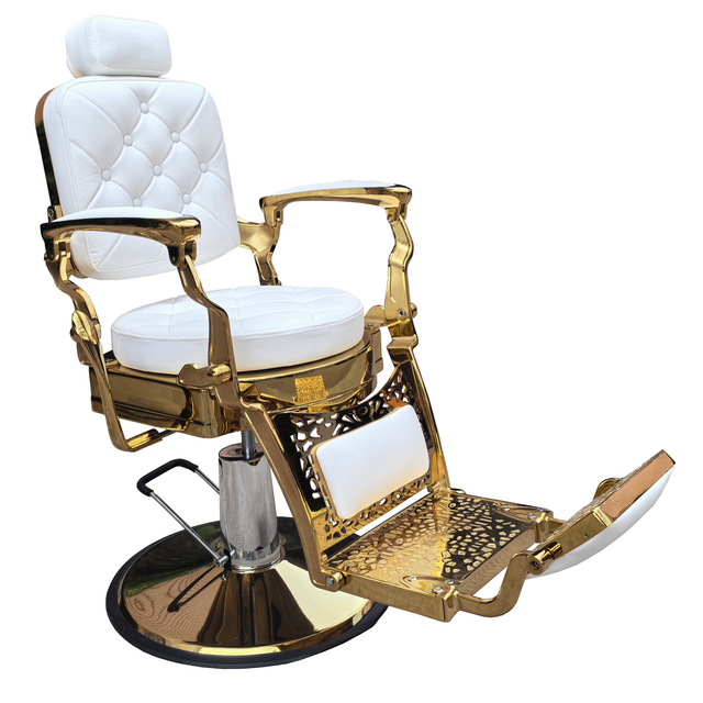 White PU Leather Barber Chair with Gold Metal Frame, Reclining Salon Chair for Barbers